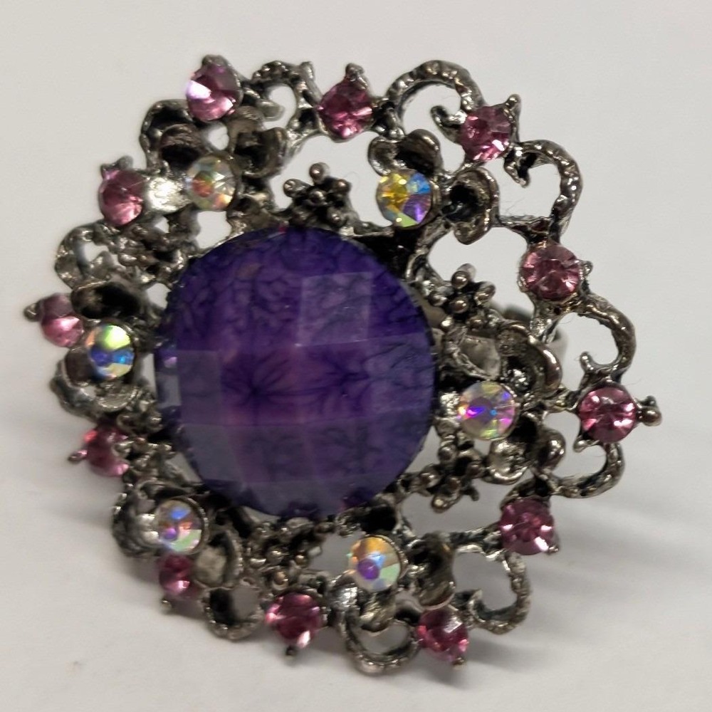 Vtg Huge Cocktail Ring Adjustable Purple‎ SilverTone Filigree Rhinestone PInk AB